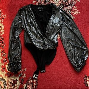 Metallic Black & Silver Bodysuit with Long Sleeves by Prelude - size M